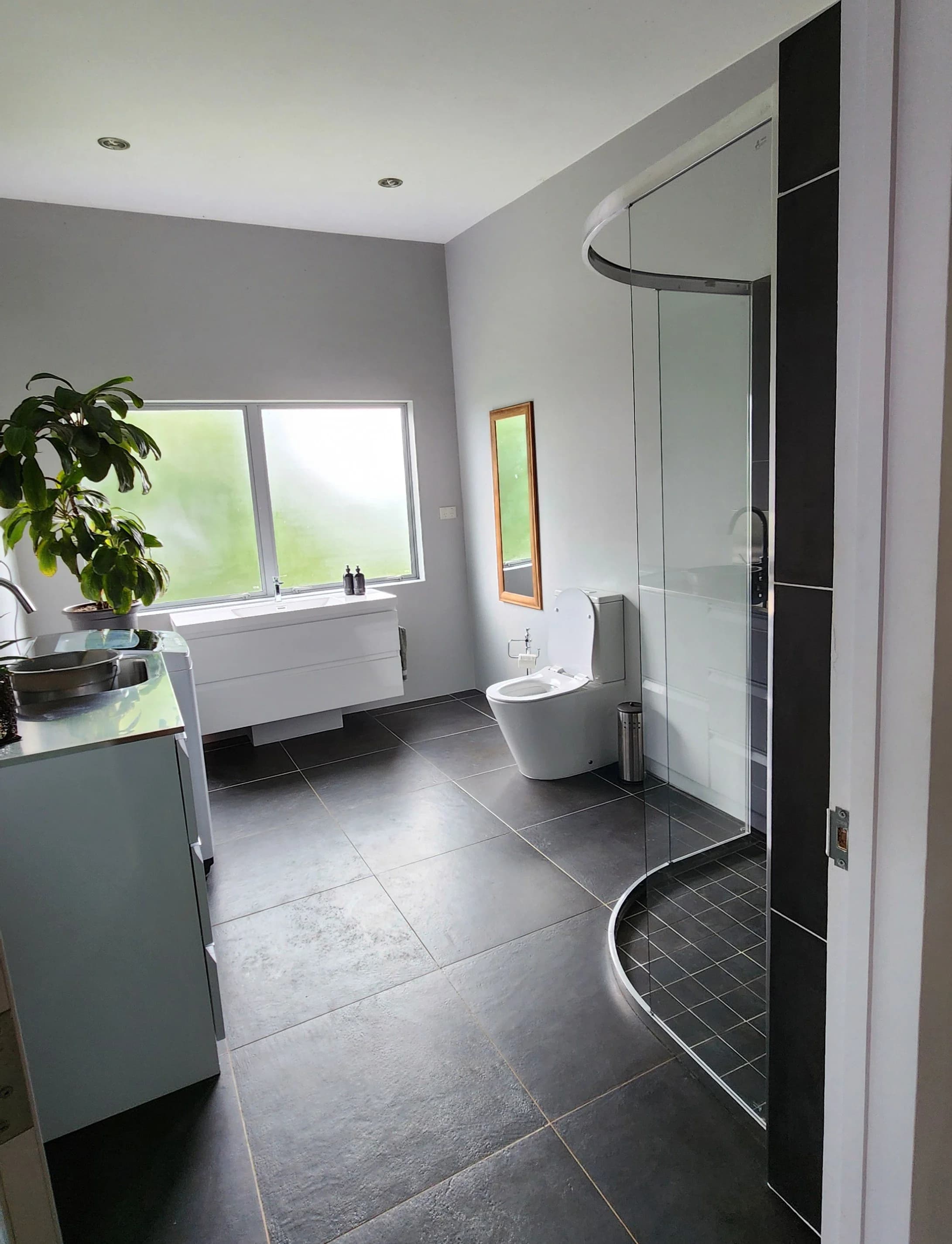 A bathroom with a walk-in shower, a basin and a window onto green bush
